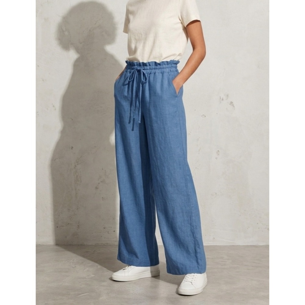 REWASH Linen Blend Wide Leg Paperbag Waist Drawstring Casual Blue Pants Small